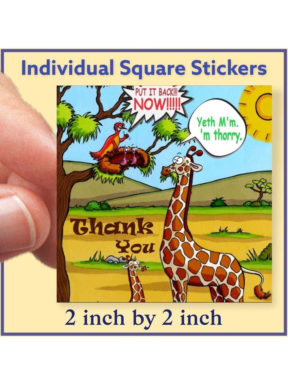 100 (2x2 Inch) Square Stickers, Giraffe Full Color, High Gloss, Thank You